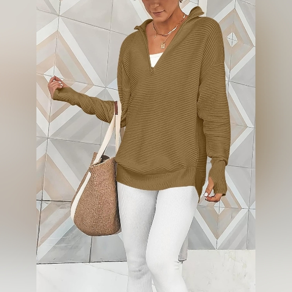 V-Neck Oversized Half Zip Long Sleeve Knit Top Sweater - Picture 3 of 4